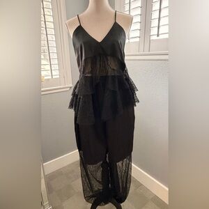 Black Wide-Leg Pants with Sheer Mesh Hem